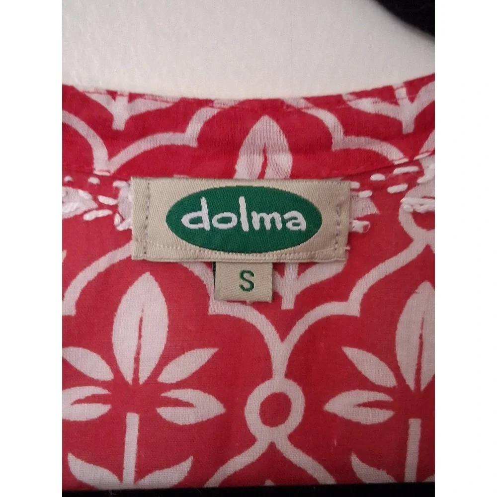 Dolma Womens Red White Block Print Embroidered Cotton Tunic Top Size S Boho - Picture 2 of 6